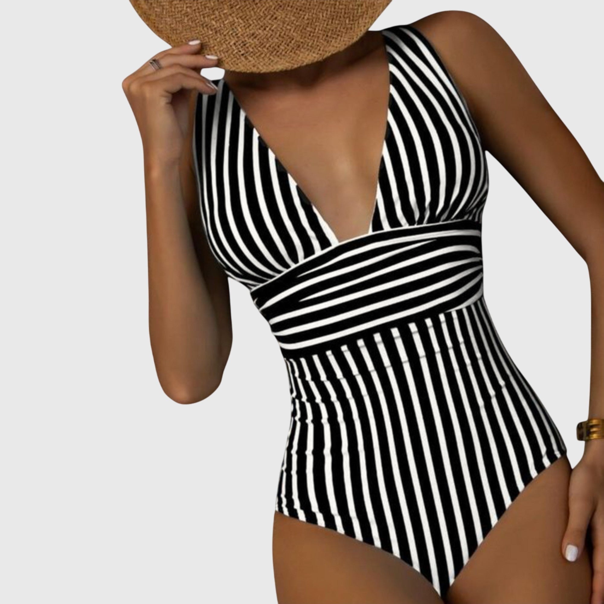 Supportive Striped One-Piece Swimsuit Black, photo studio