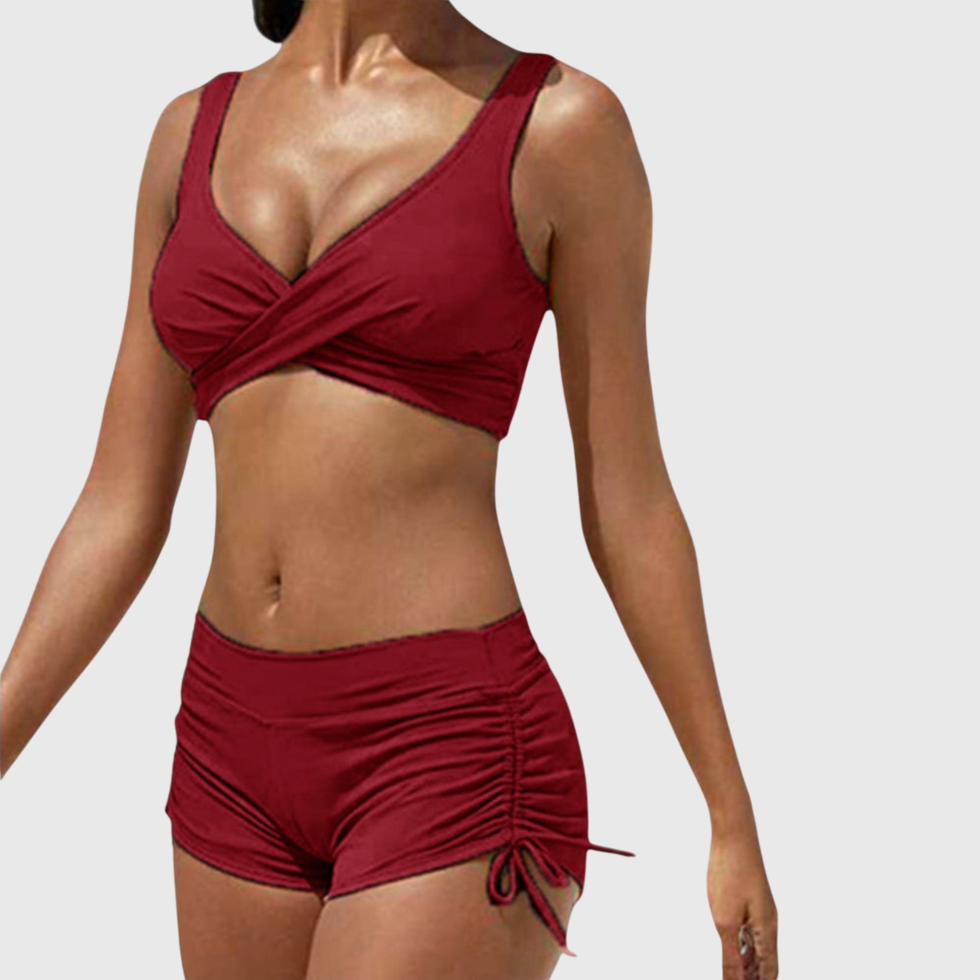 Elegant Bikini Set in Olive Camouflage Red, photo studio