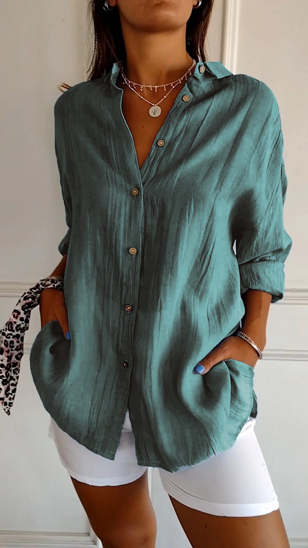 Tamsin | Elegant Oversized Blouse Teal, studio photo