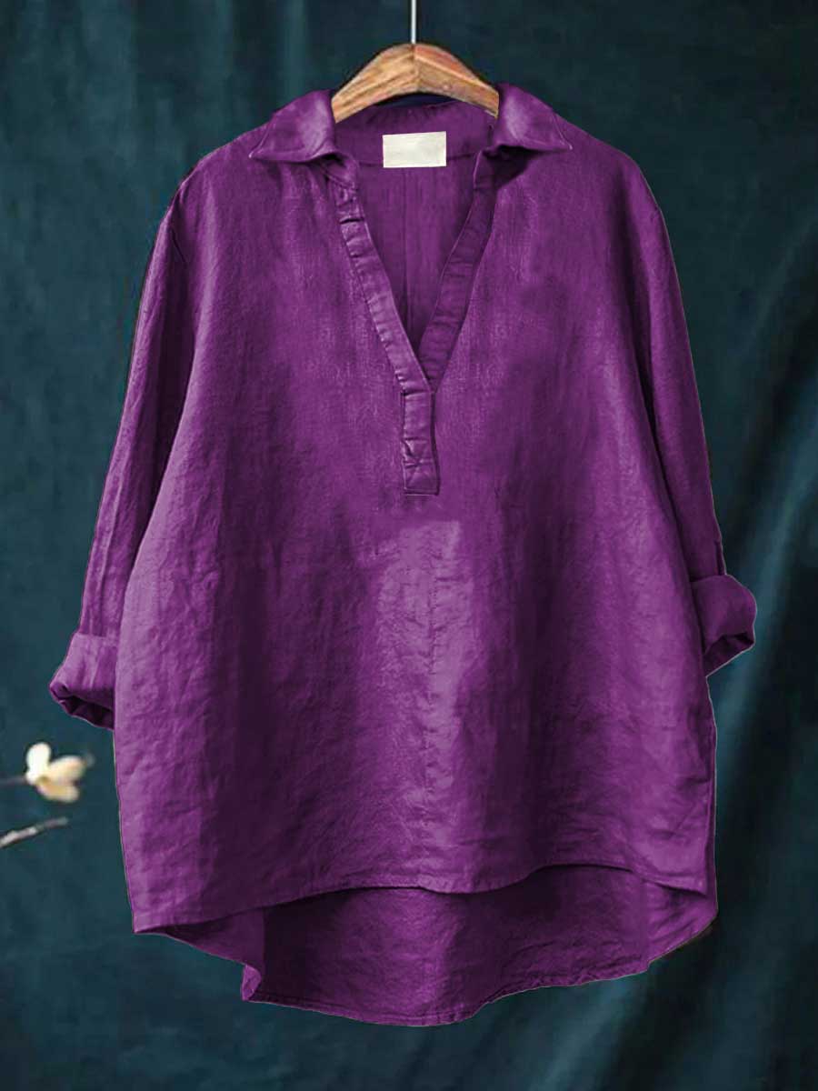 Elegant Summer Blouse in Black Linen Purple, photo studio