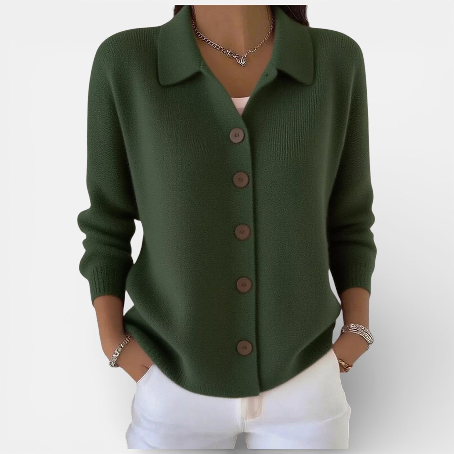 Rosanna | Knit Polo-Collar Button Blouse Army Green, studio photo