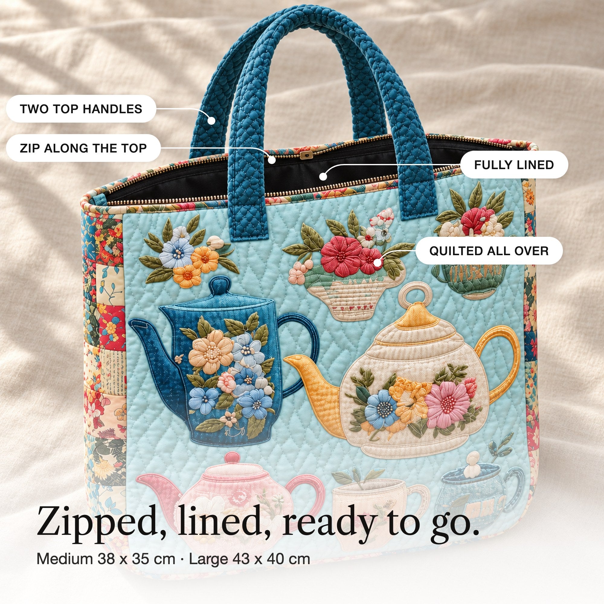 Fidelma | Quilted Tote Bag with Teapots and Floral Cups, detail