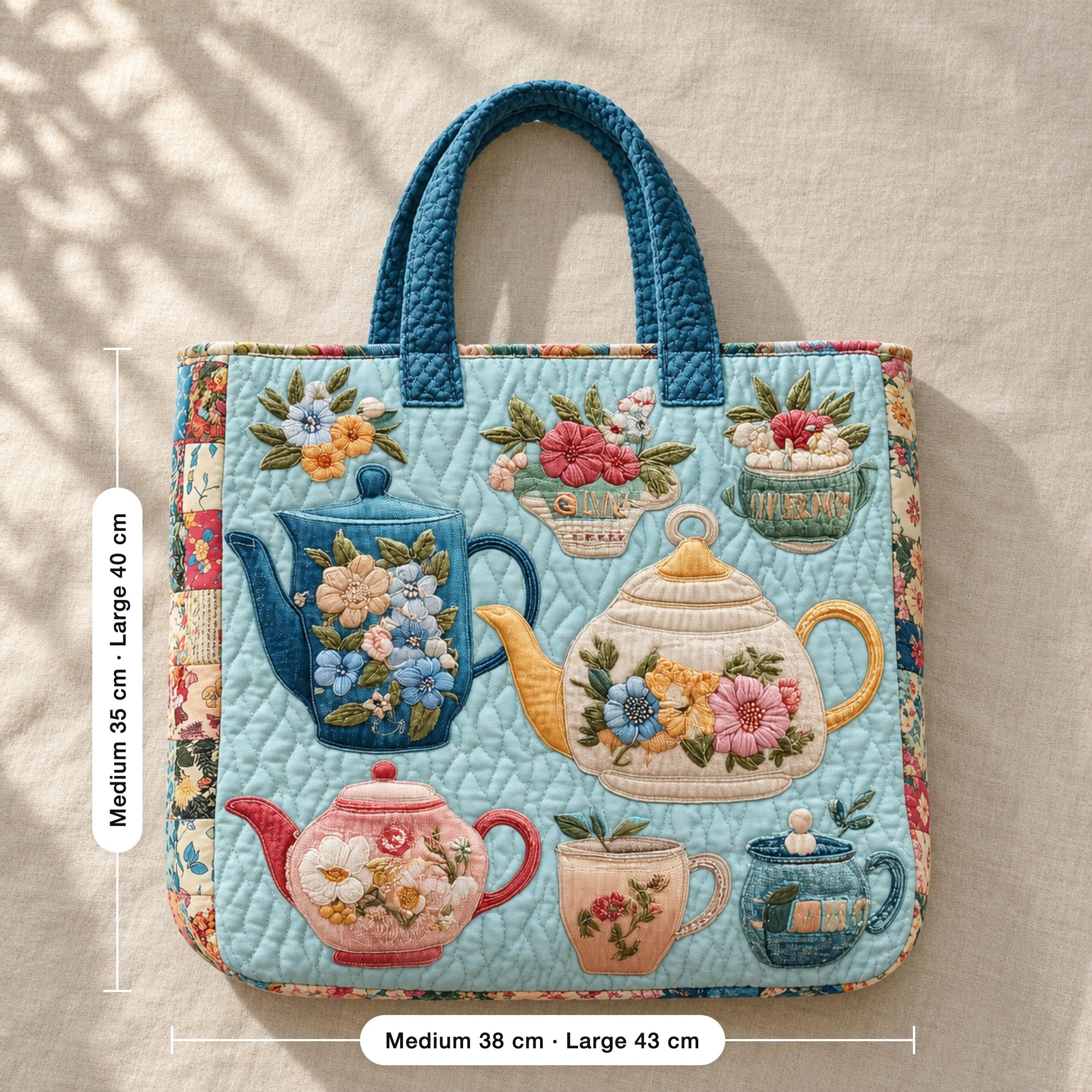 Fidelma | Quilted Tote Bag with Teapots and Floral Cups, flat lay with sizes