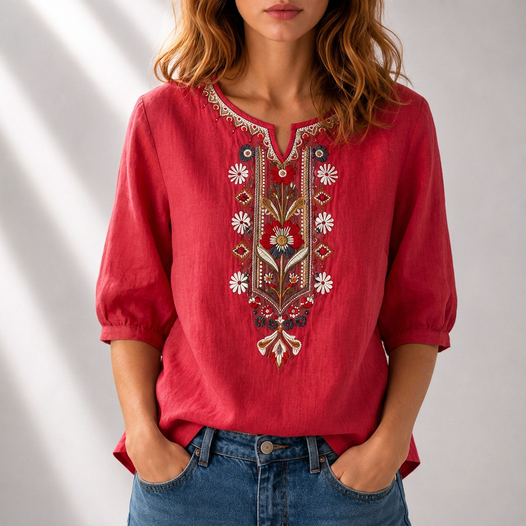 Marianne | Women's Embroidered Summer Blouse Brick Red, photo studio