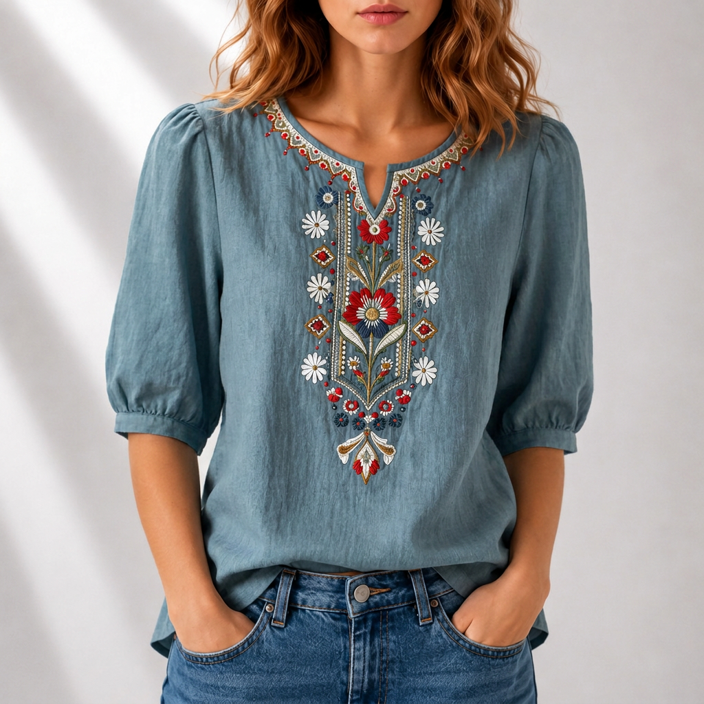 Marianne | Women's Embroidered Summer Blouse Blue, photo studio
