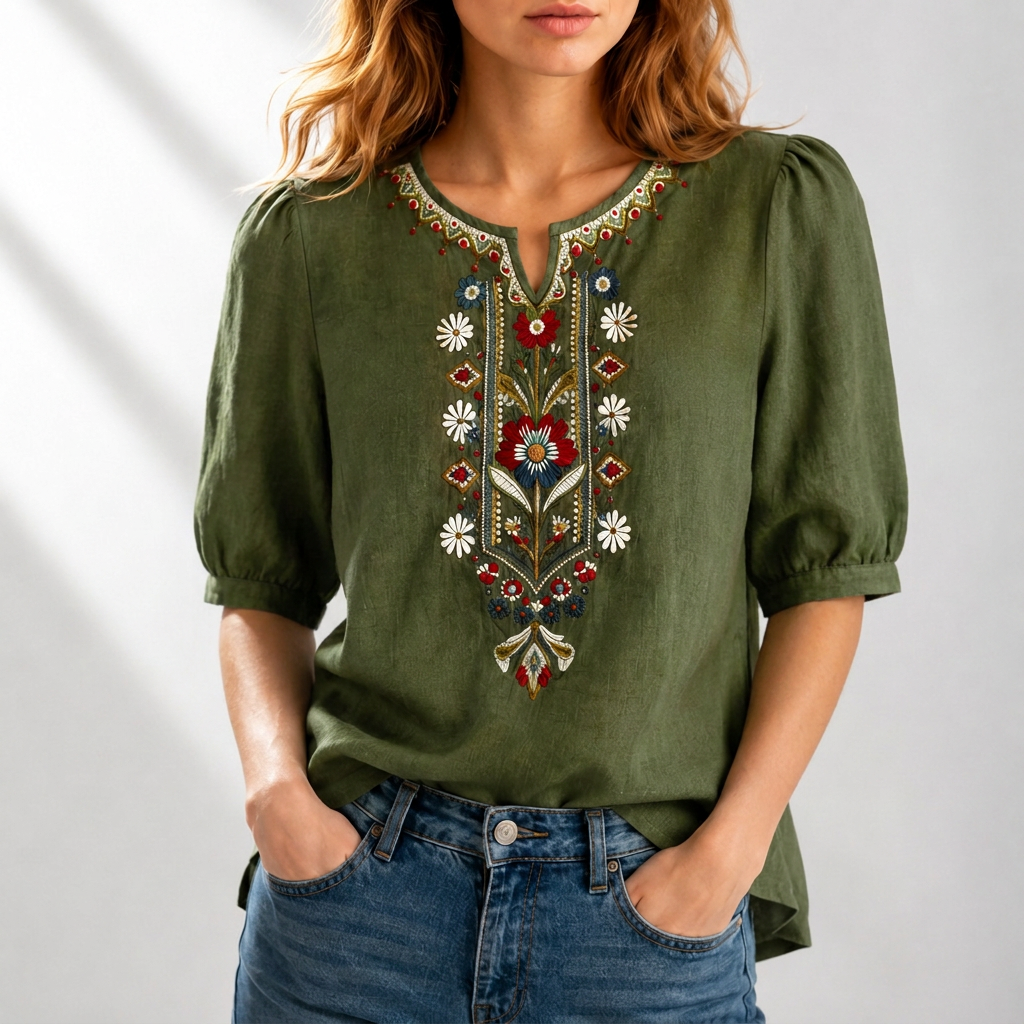 Marianne | Women's Embroidered Summer Blouse Olive, photo studio