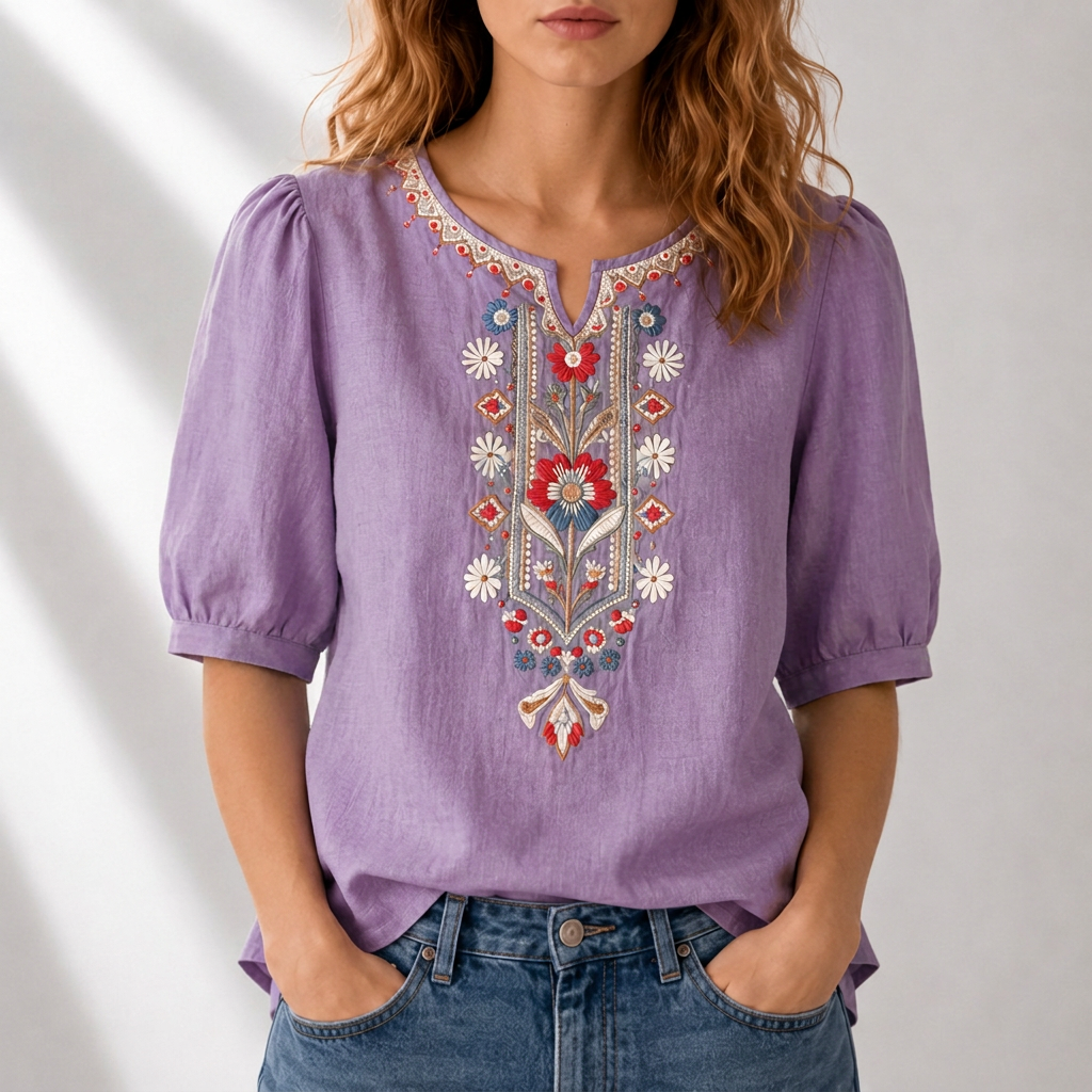 Marianne | Women's Embroidered Summer Blouse Purple, photo studio