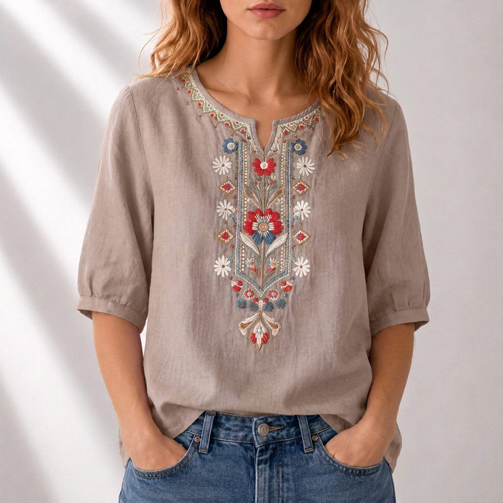 Marianne | Women's Embroidered Summer Blouse Dark Khaki, photo studio