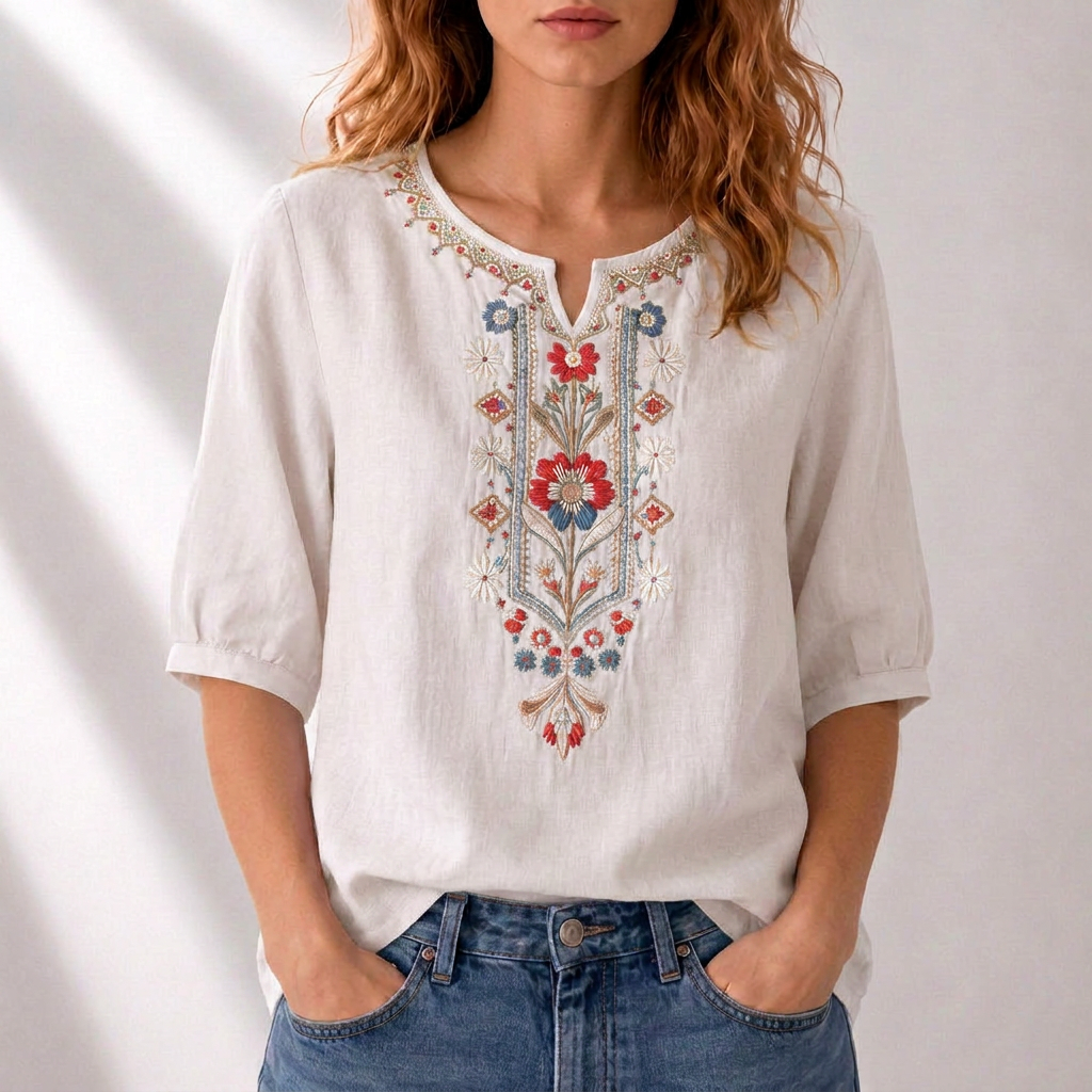 Marianne | Women's Embroidered Summer Blouse White, photo studio