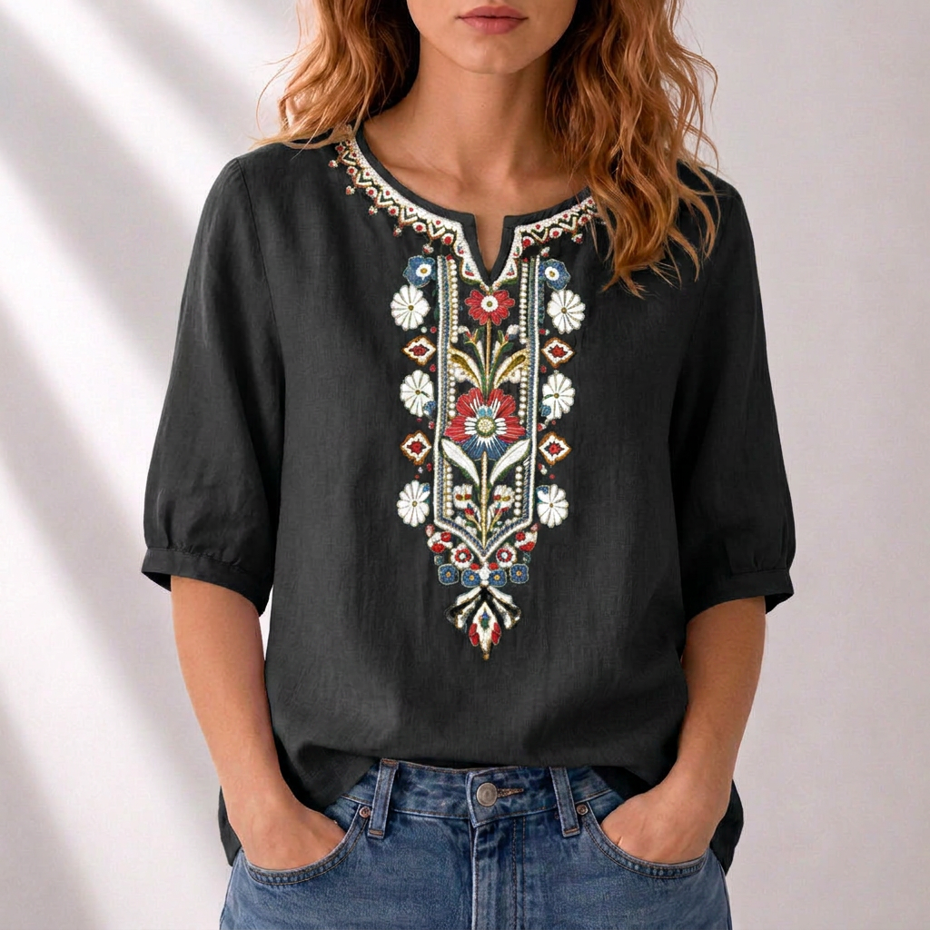 Marianne | Women's Embroidered Summer Blouse Black, photo studio