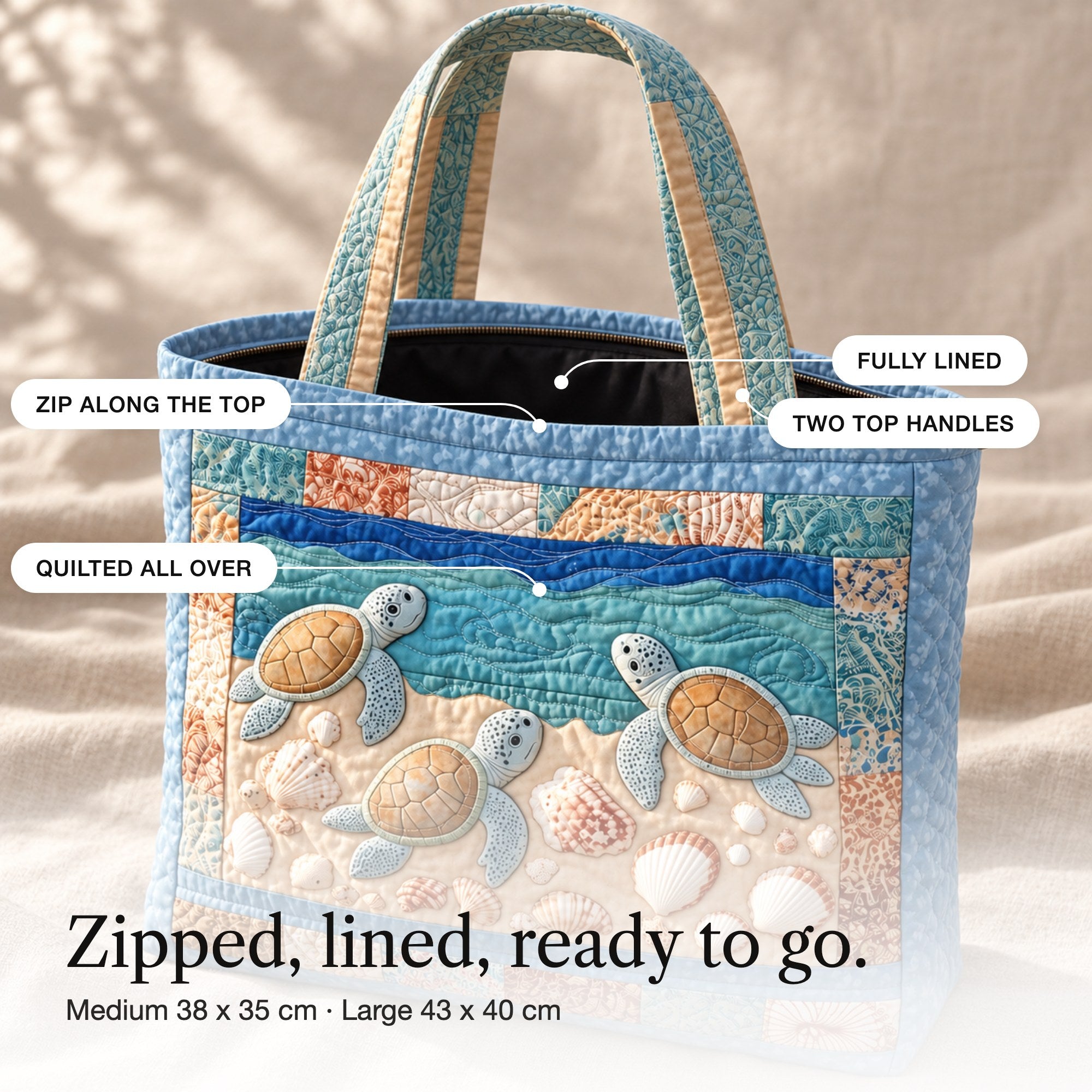 Gaynor | Quilted Patchwork Tote with Turtles and Seashells, detail