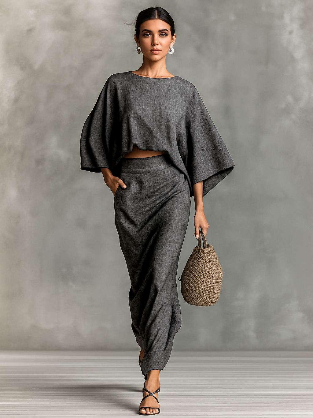 Willow | Two-Piece Set with Draped Skirt Dark Grey, studio photo