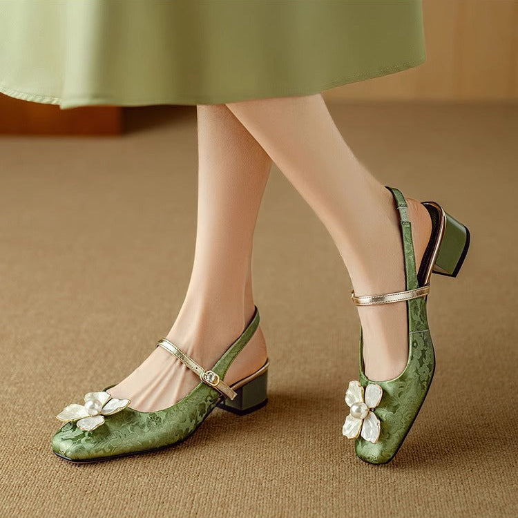 Slingback Flower Mary Janes Green, studio photo
