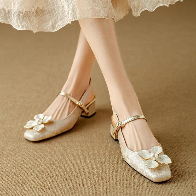 Slingback Flower Mary Janes Beige, studio photo