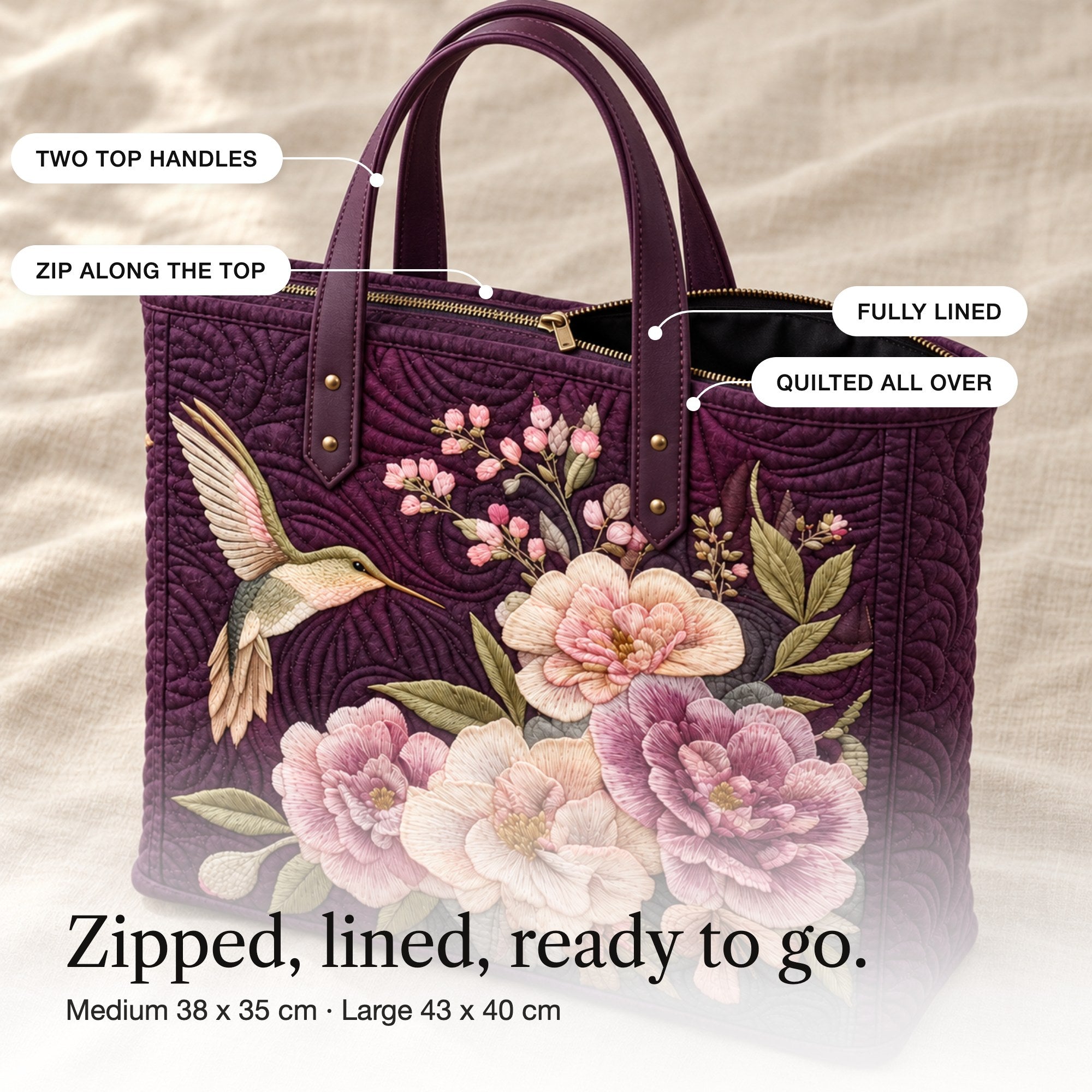 Glenna | Quilted Tote with a Hummingbird and Peonies, detail