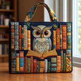 Glenys | Quilted Tote Bag with an Owl and a Bookshelf