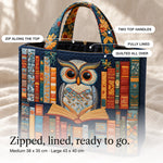 Glenys | Quilted Tote Bag with an Owl and a Bookshelf