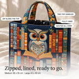 Glenys | Quilted Tote Bag with an Owl and a Bookshelf