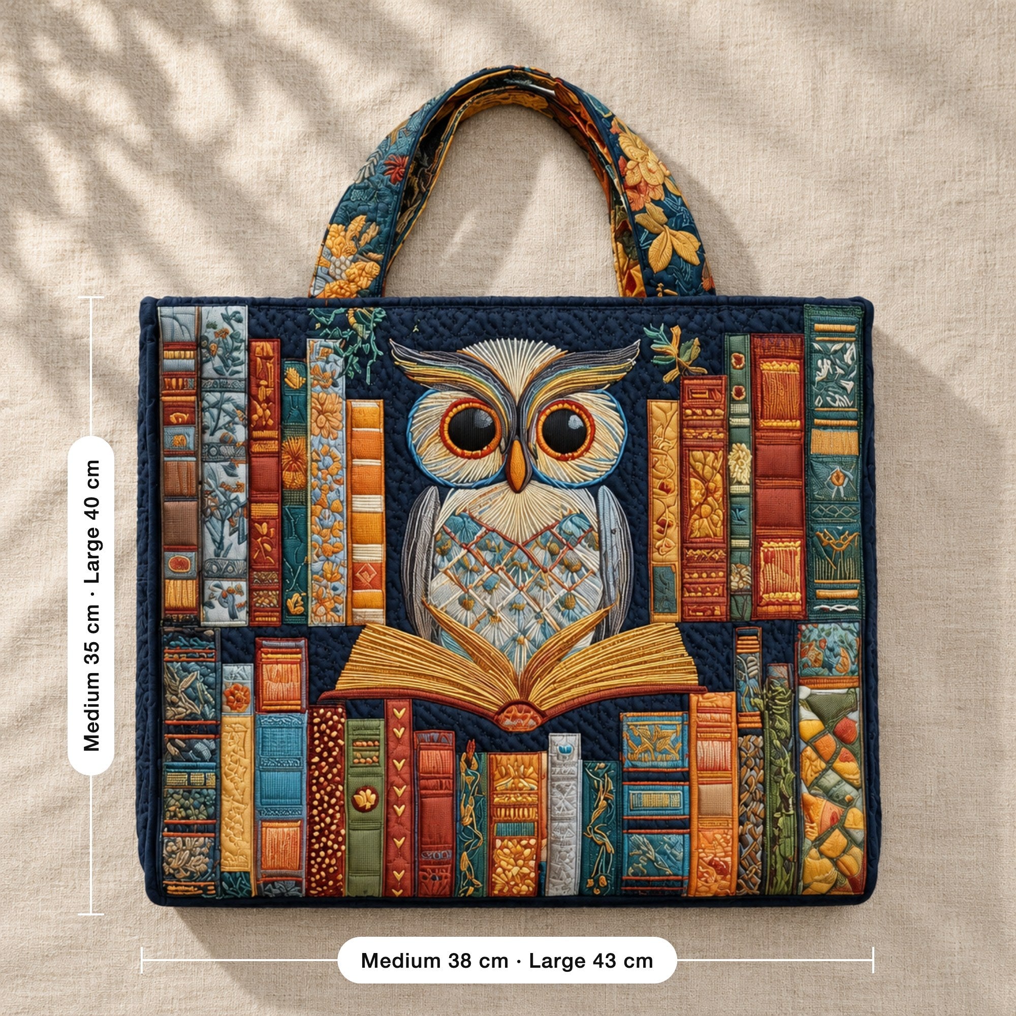Glenys | Quilted Tote Bag with an Owl and a Bookshelf, flat lay with sizes