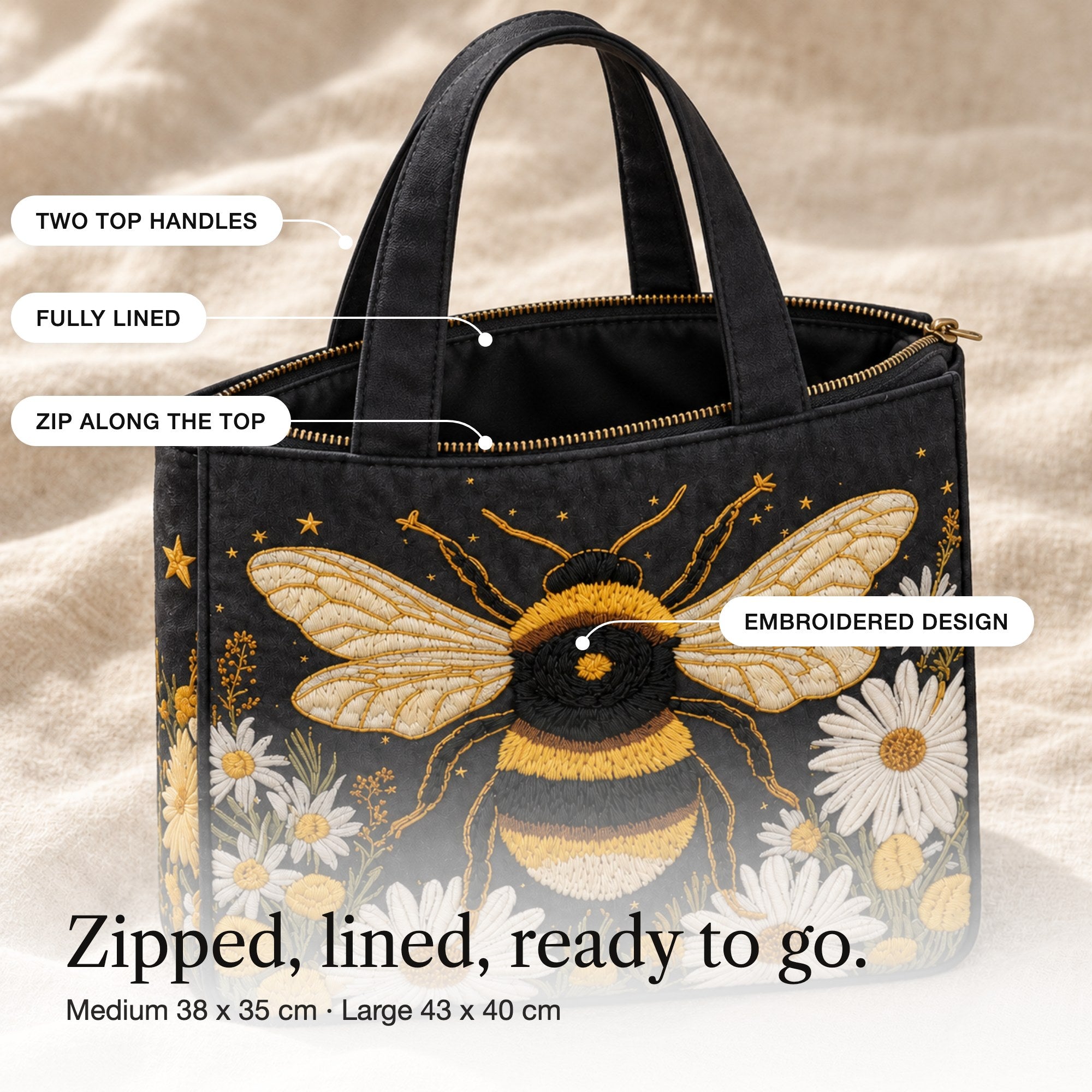 Grainne | Embroidered Tote Bag with a Bee and Daisies, detail