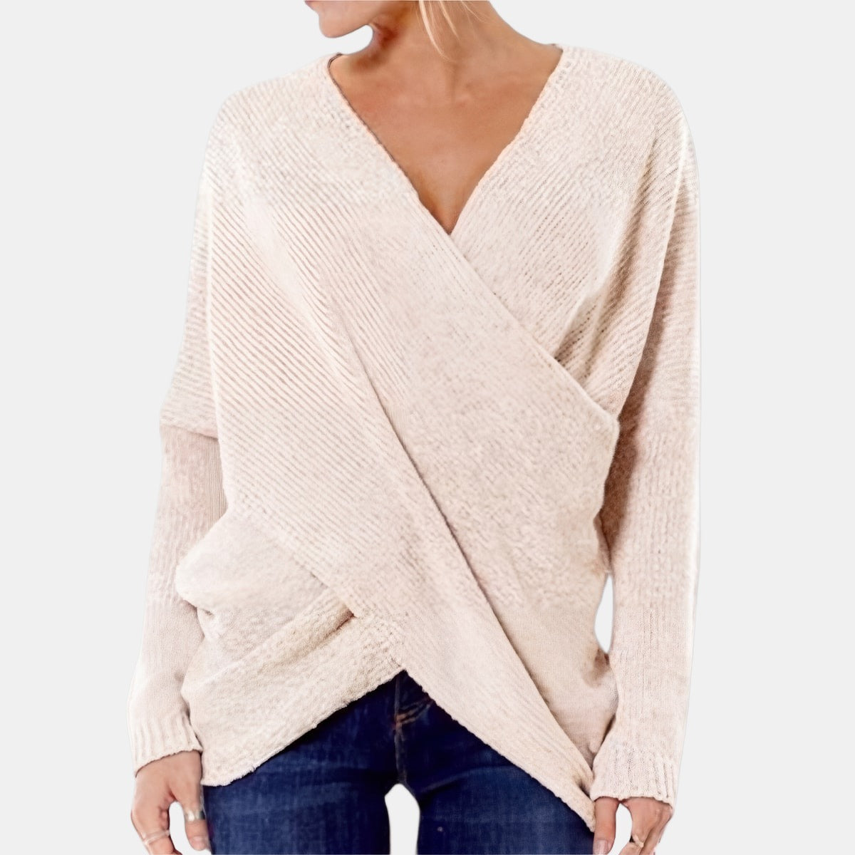 Green Wrap-Front Jumper Beige, studio photo