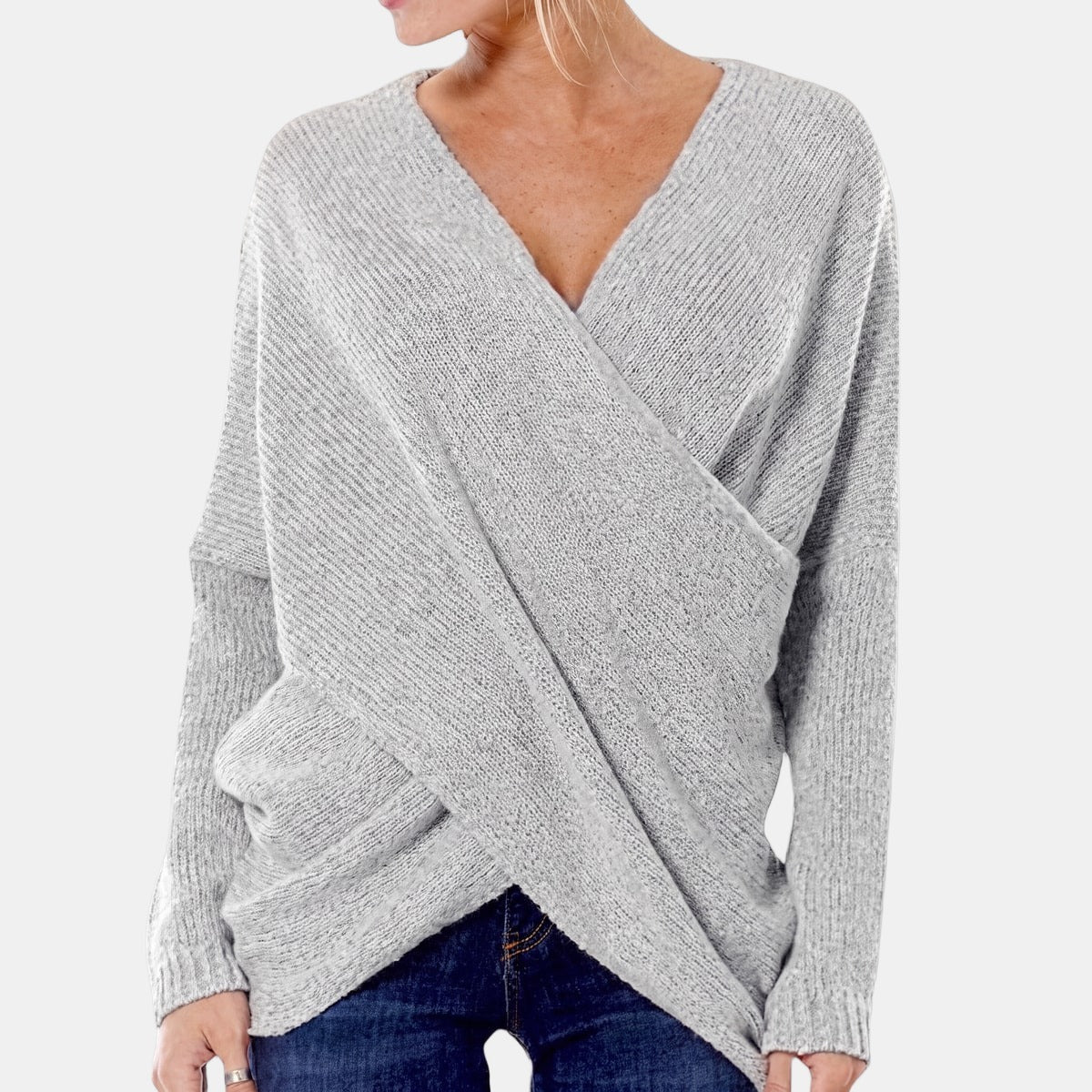 Green Wrap-Front Jumper Grey, studio photo