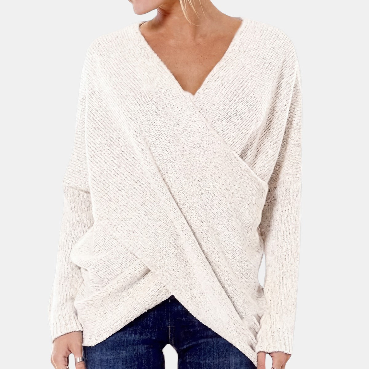 Green Wrap-Front Jumper White, studio photo