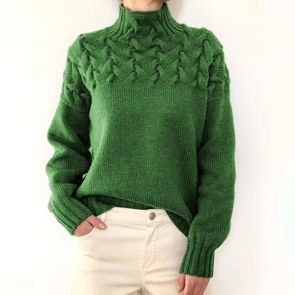Brown Cable Knit High-Neck Jumper Green, studio photo