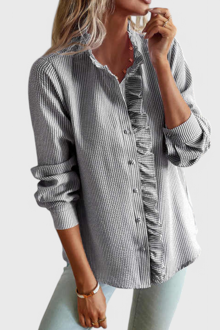 Natalia | Elegant Ruffled Blouse Grey, studio photo