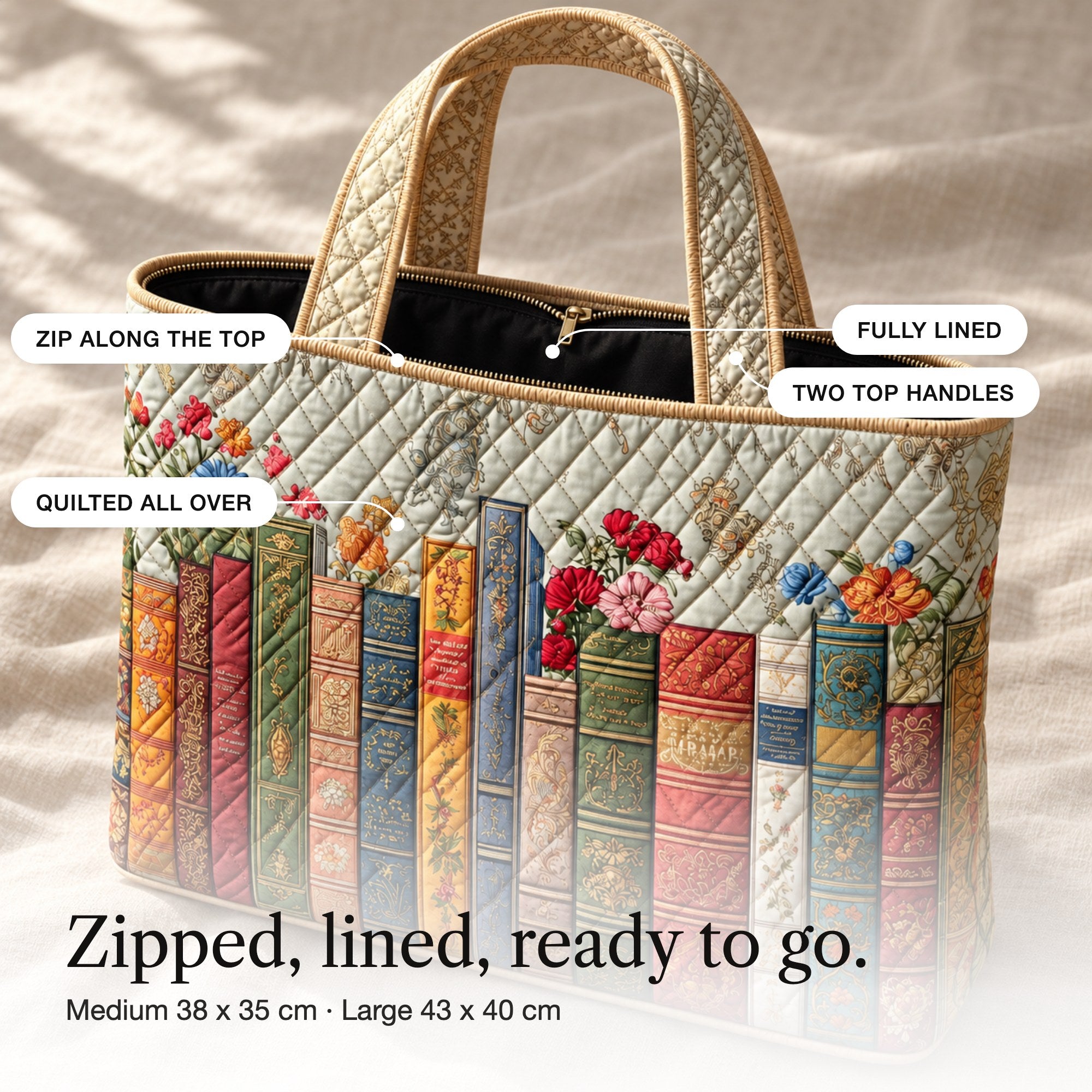 Gwenllian | Quilted Tote Bag with an Antique Bookshelf, detail