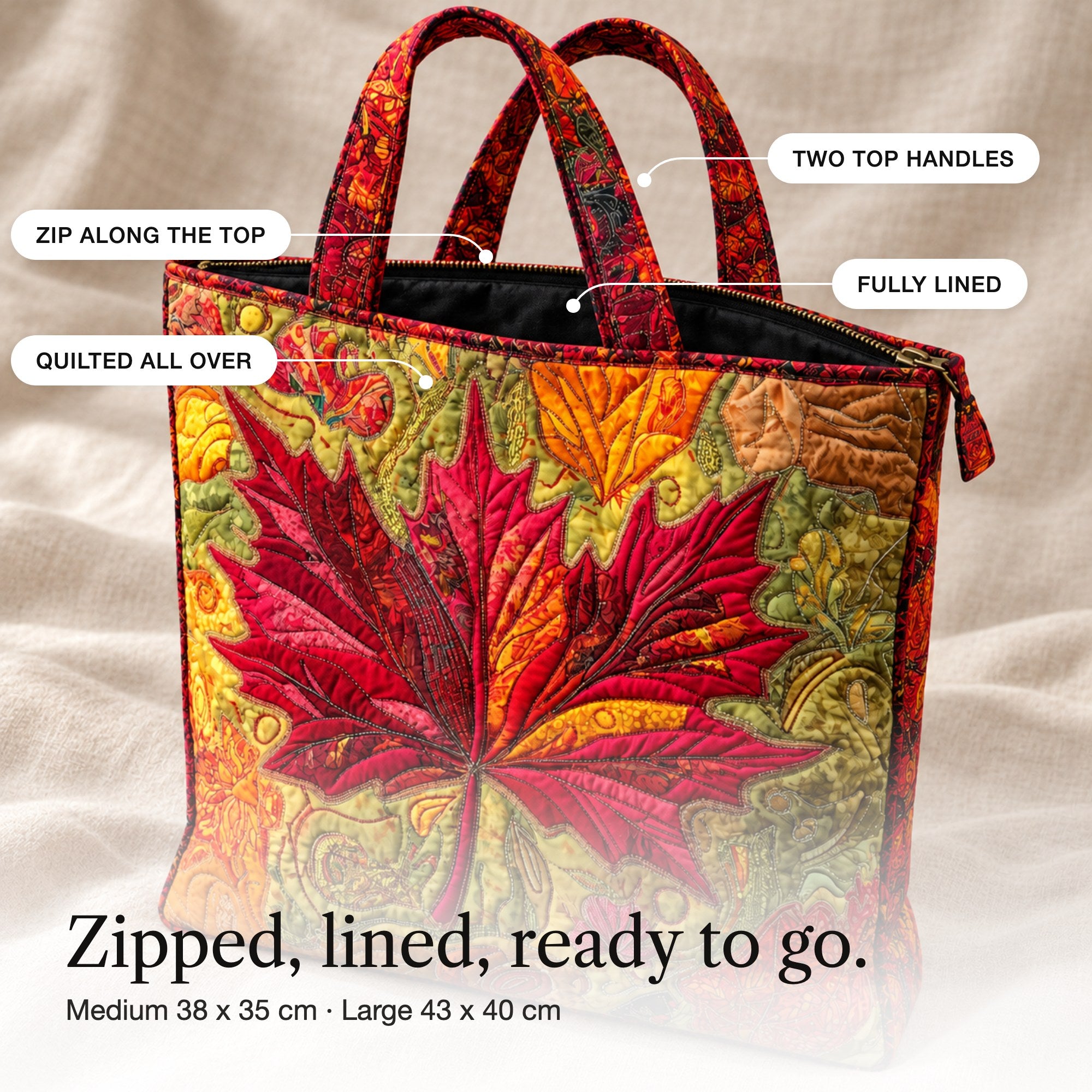 Gwenno | Quilted Shoulder Tote with an Autumn Maple Leaf, detail