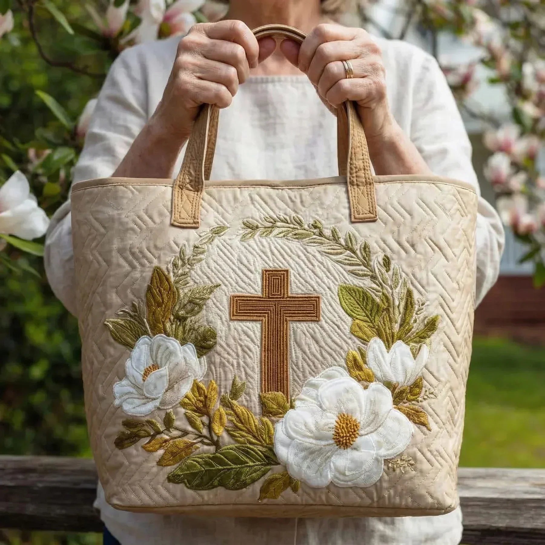 Handcrafted Bag - Cross and White Flowers