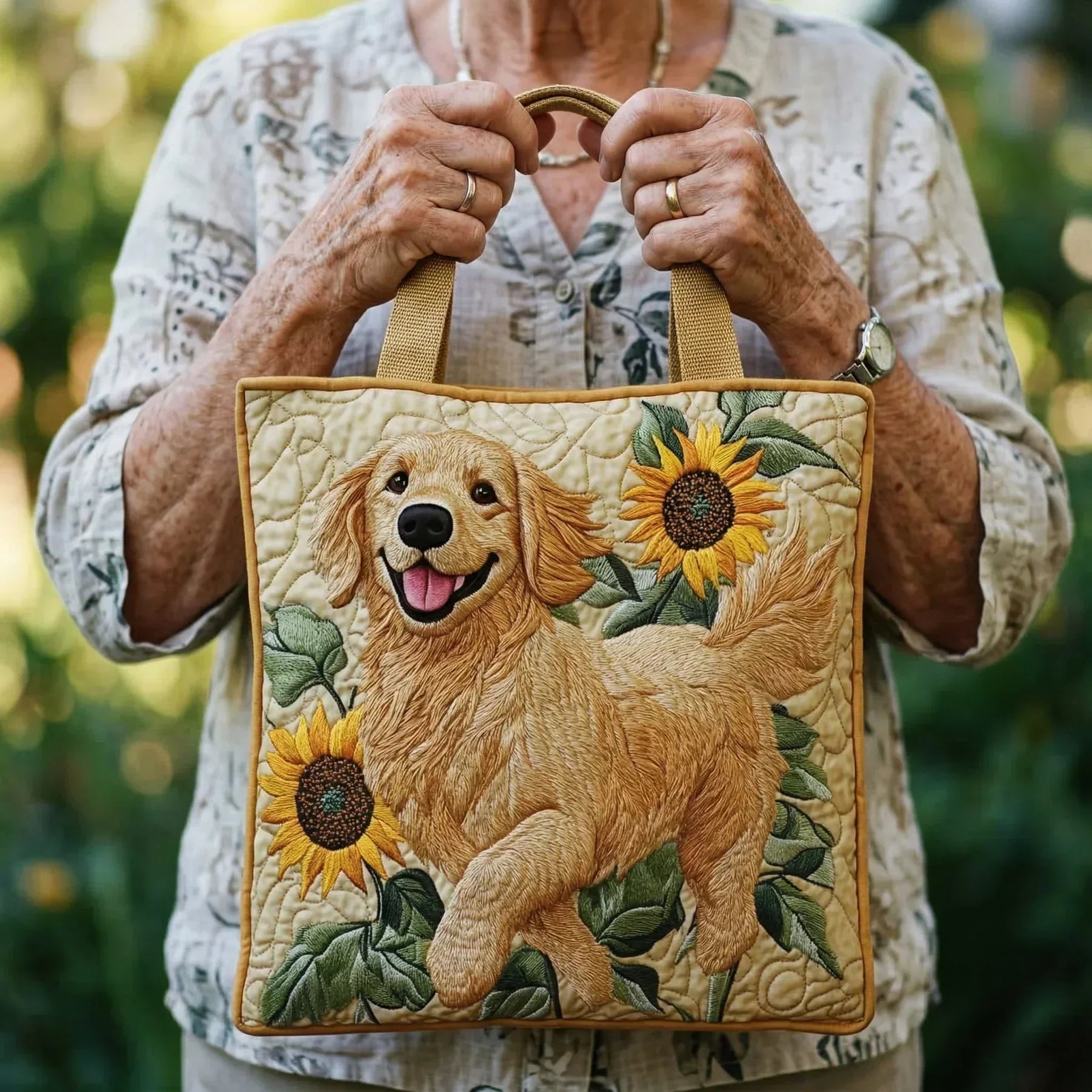 Handcrafted Bag - Golden Retriever with Sunflowers