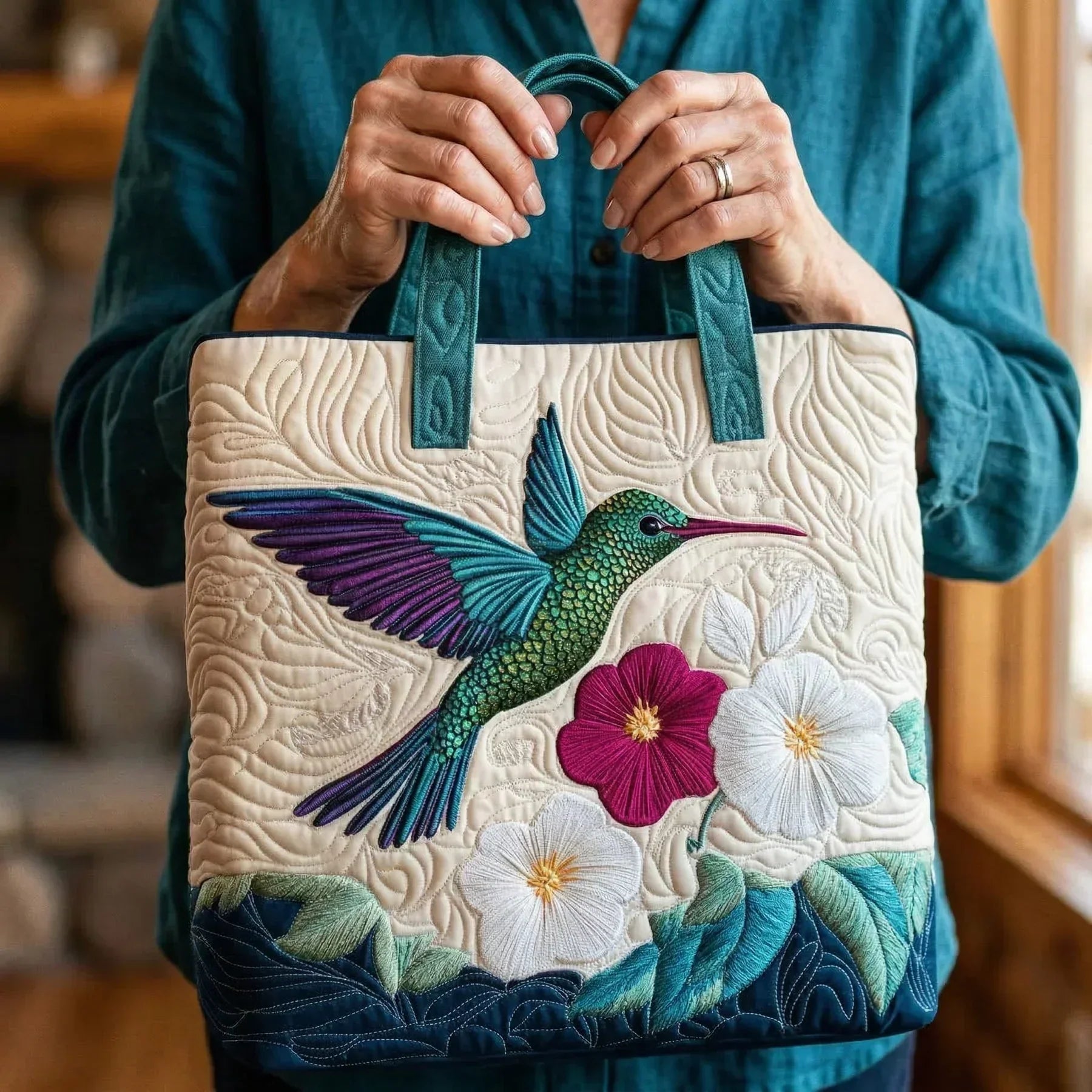 Handcrafted Bag - Hummingbird and White Flowers
