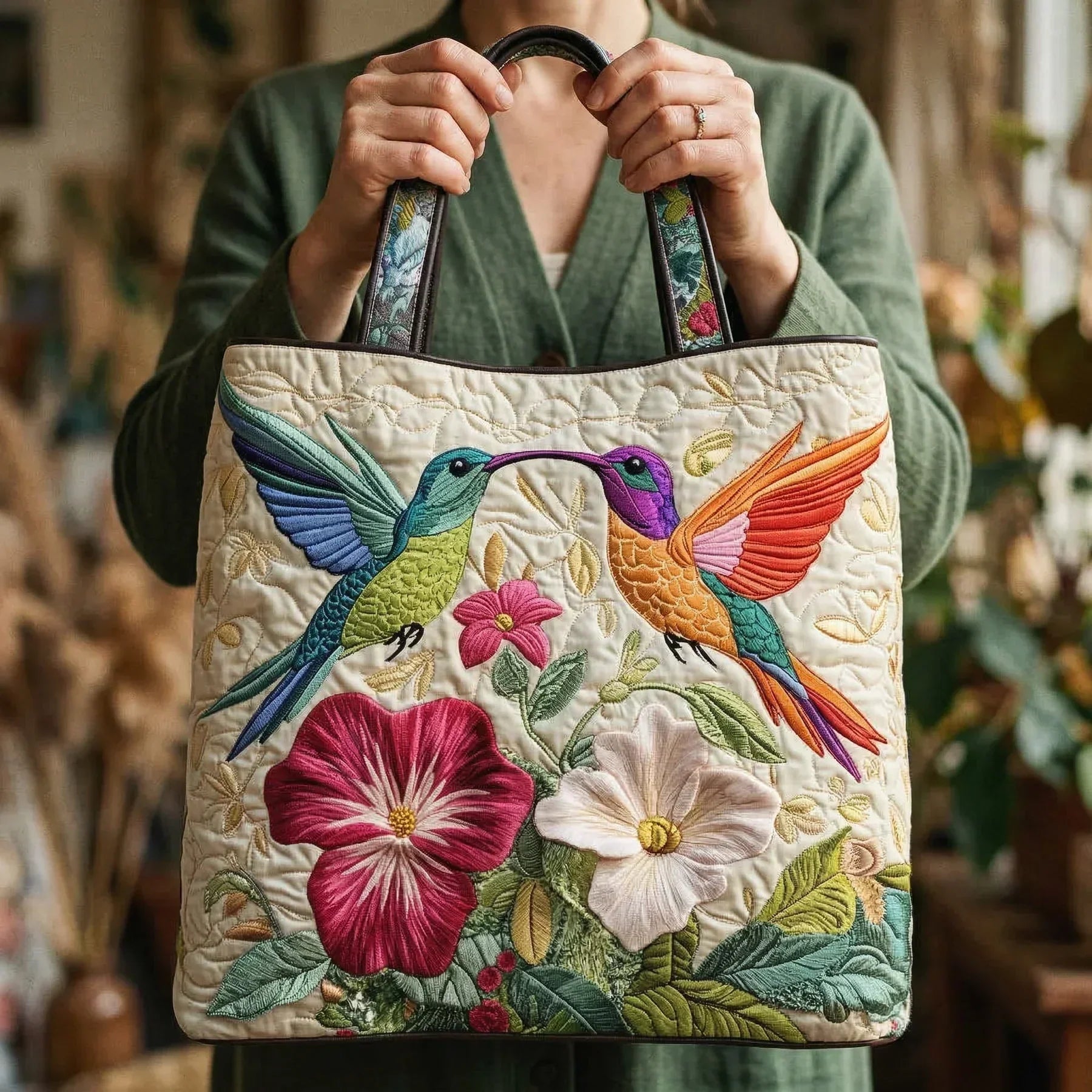 Handcrafted Bag - Two Hummingbirds and Hibiscus