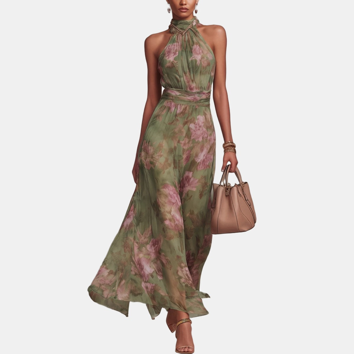 Francesca | Elegant Summer Maxi Dress Green Floral Print, studio photo