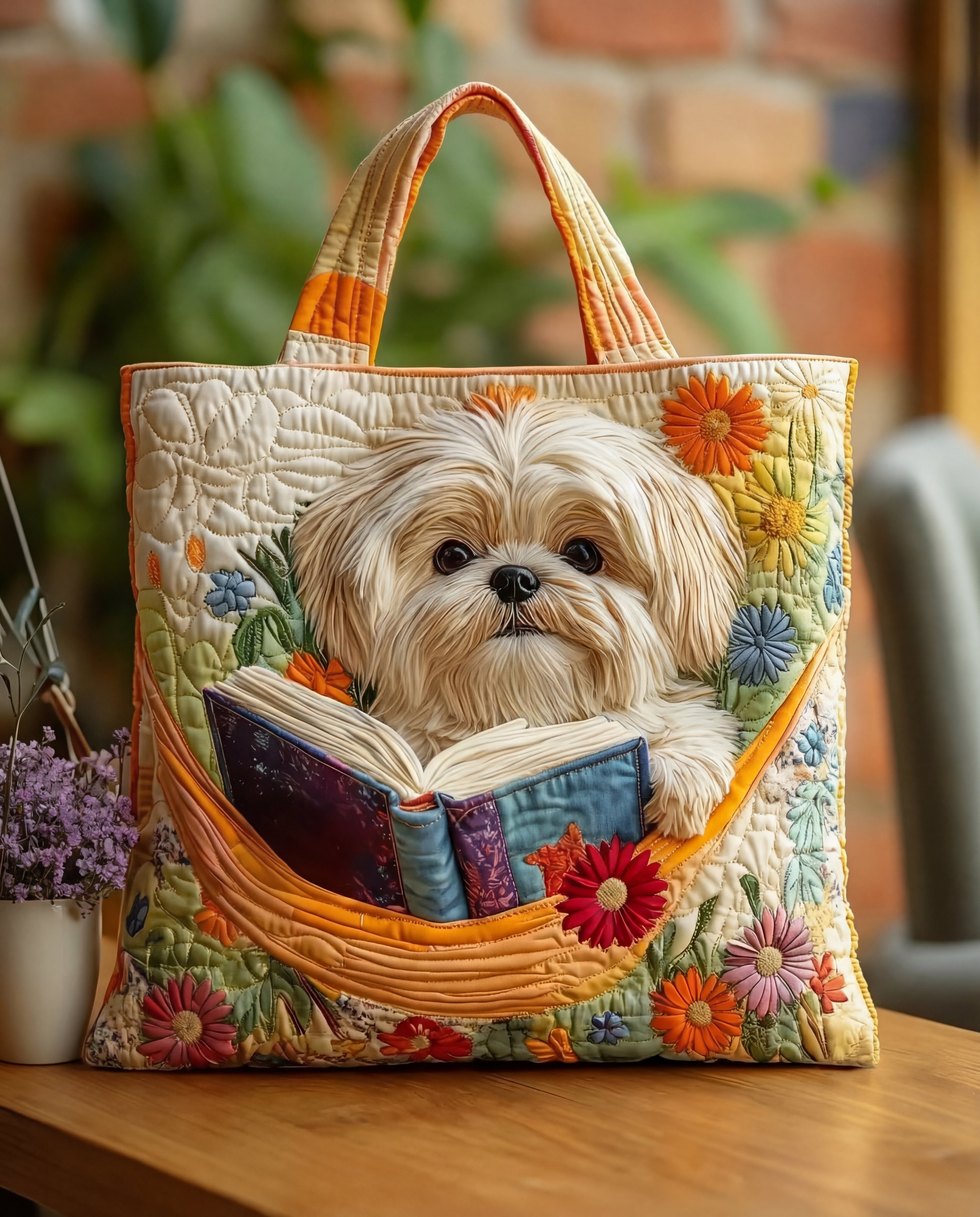 Handcrafted Bag - Shih Tzu with Book and Flowers