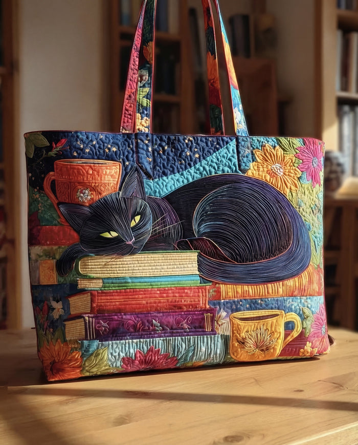 Handcrafted Bag - Black Cat with Books and Cups