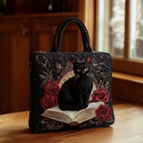 Quilted Handcrafted Bag - Black Cat with Book and Roses
