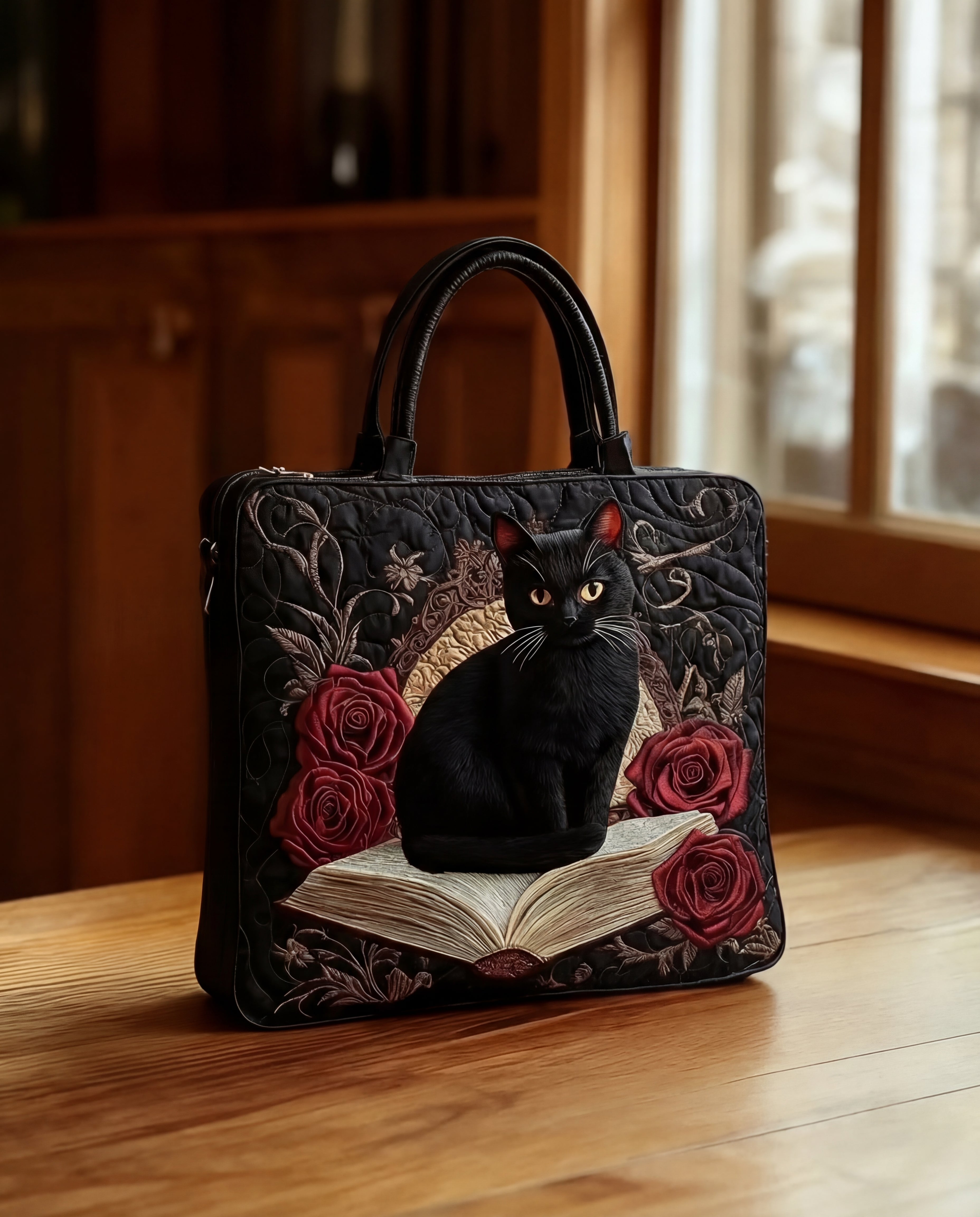 Quilted Handcrafted Bag - Black Cat with Book and Roses