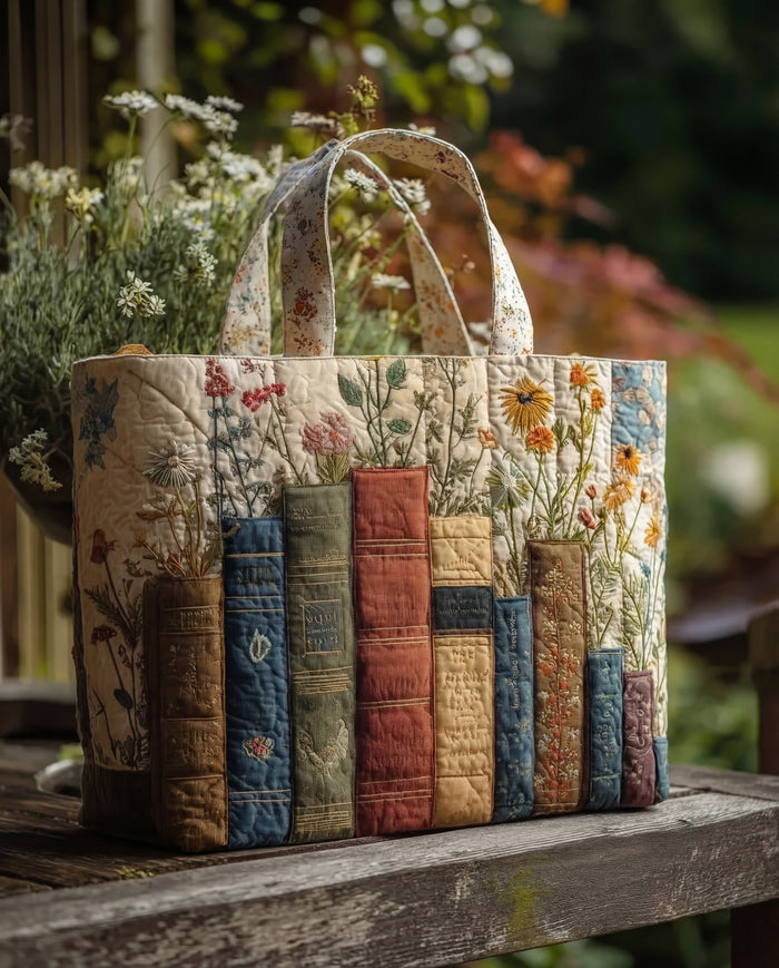 Quilted Handcrafted Bag - Books and Wildflowers