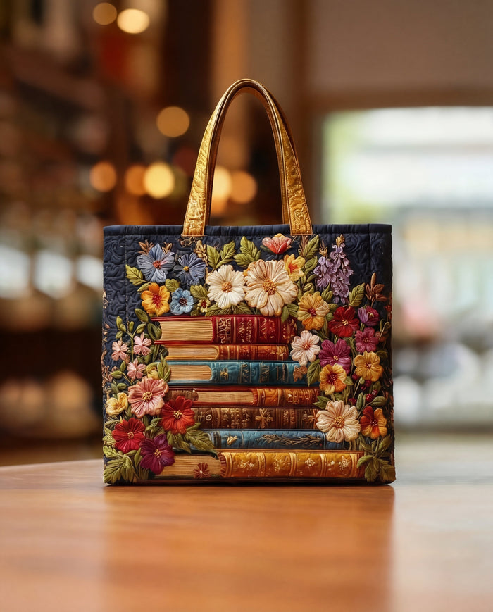 Handcrafted Bag - Stack of Books and Flowers