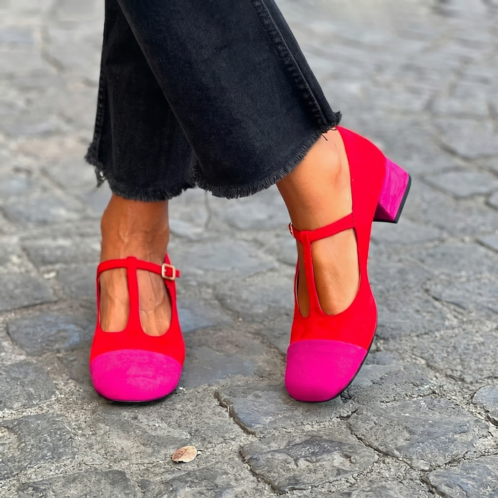 Hattie | T-Strap Block Heels with a Contrast Toe Cap