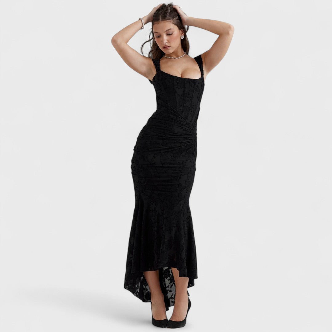 Clarissa | Square-Neck Lace Maxi Dress Black, studio photo