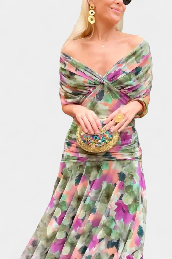 Maddison | V-Neck Floral Maxi Dress Green and Violet, photo studio