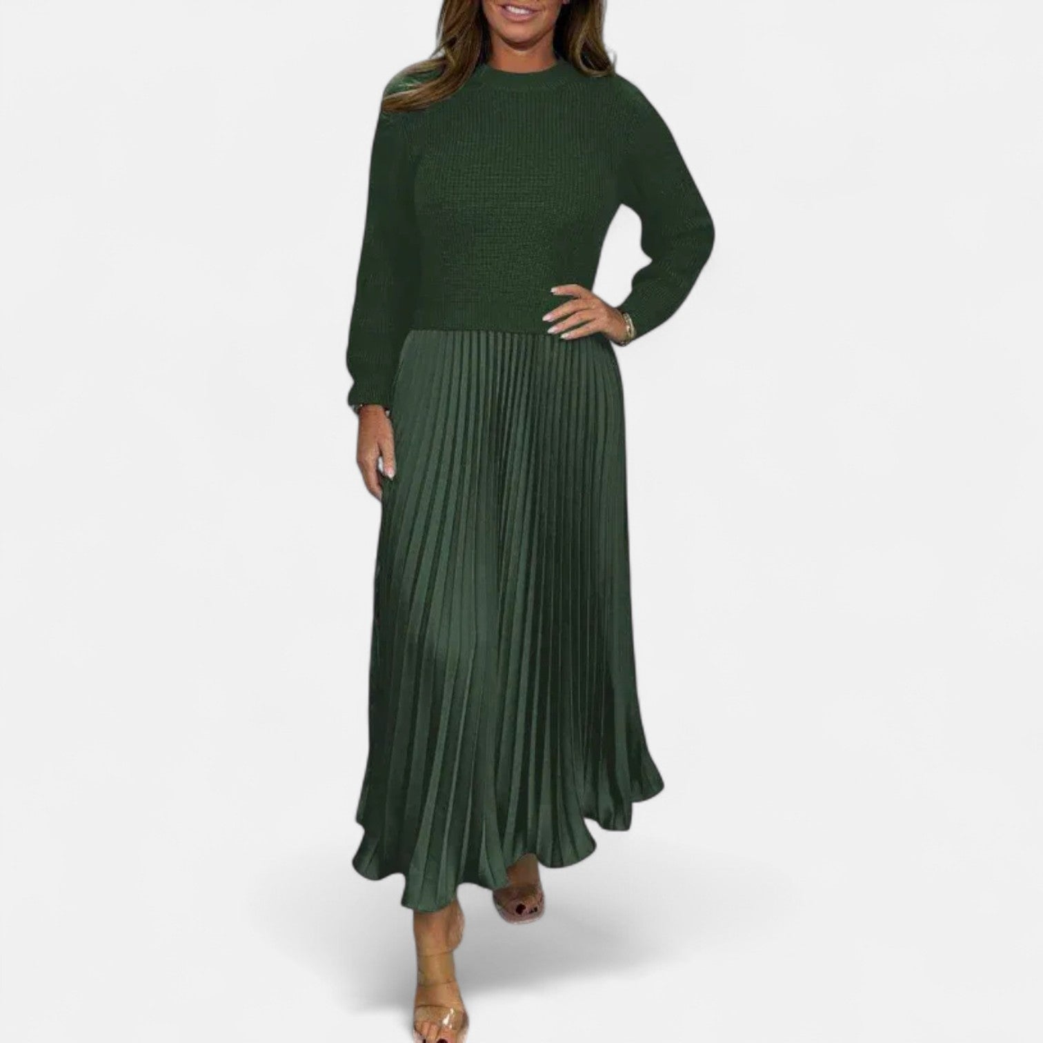 Scarlett | Long Jumper Dress with Pleated Skirt Green, studio photo