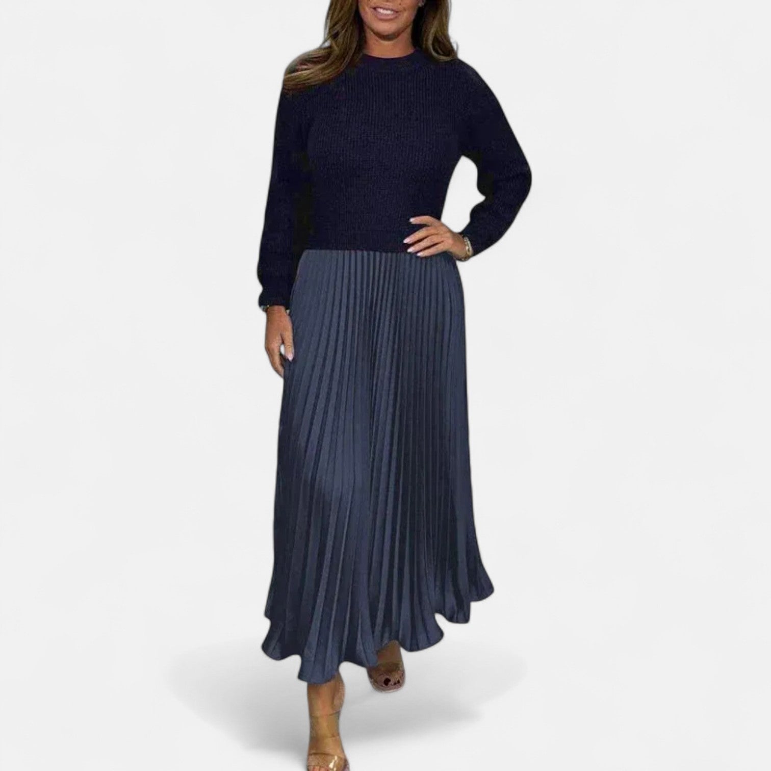 Scarlett | Long Jumper Dress with Pleated Skirt Blue, studio photo