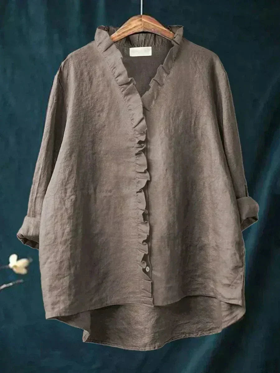 Elegant Summer Blouse in White Ruffle Linen Dark Grey, photo studio