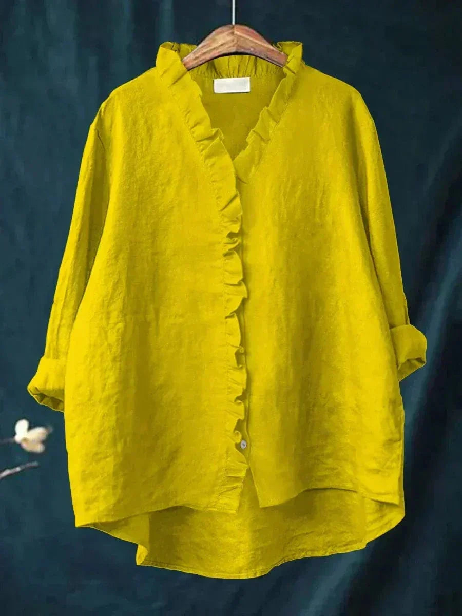 Elegant Summer Blouse in White Ruffle Linen Yellow, photo studio