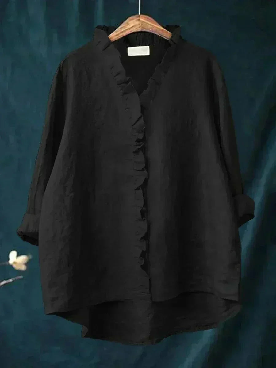 Elegant Summer Blouse in White Ruffle Linen Black, photo studio